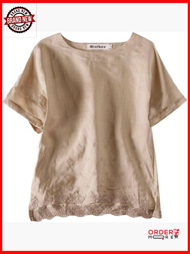 Linen Tunic Blouse High Low Hem Embroidery Short Sleeve Woven Pullover Top